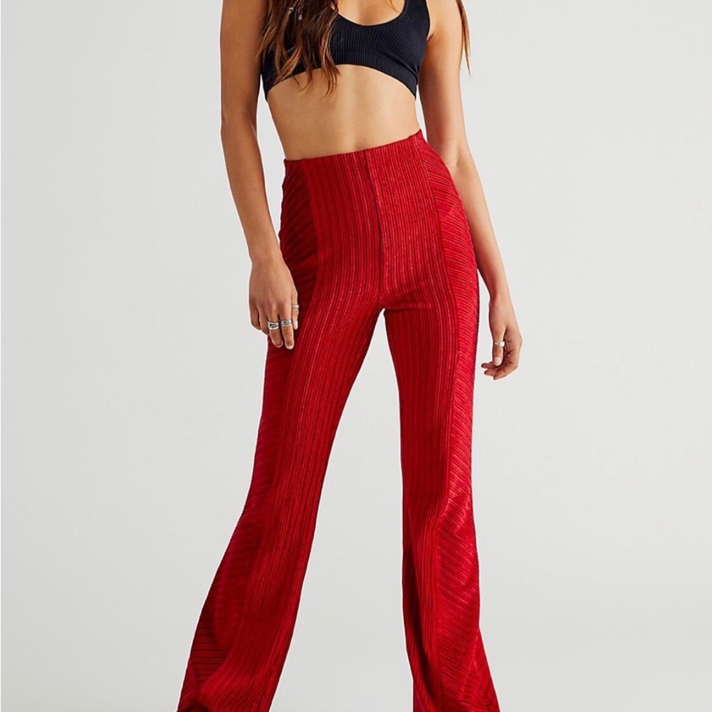 Free People RED laurel wreath velvet pull on slim flare pants